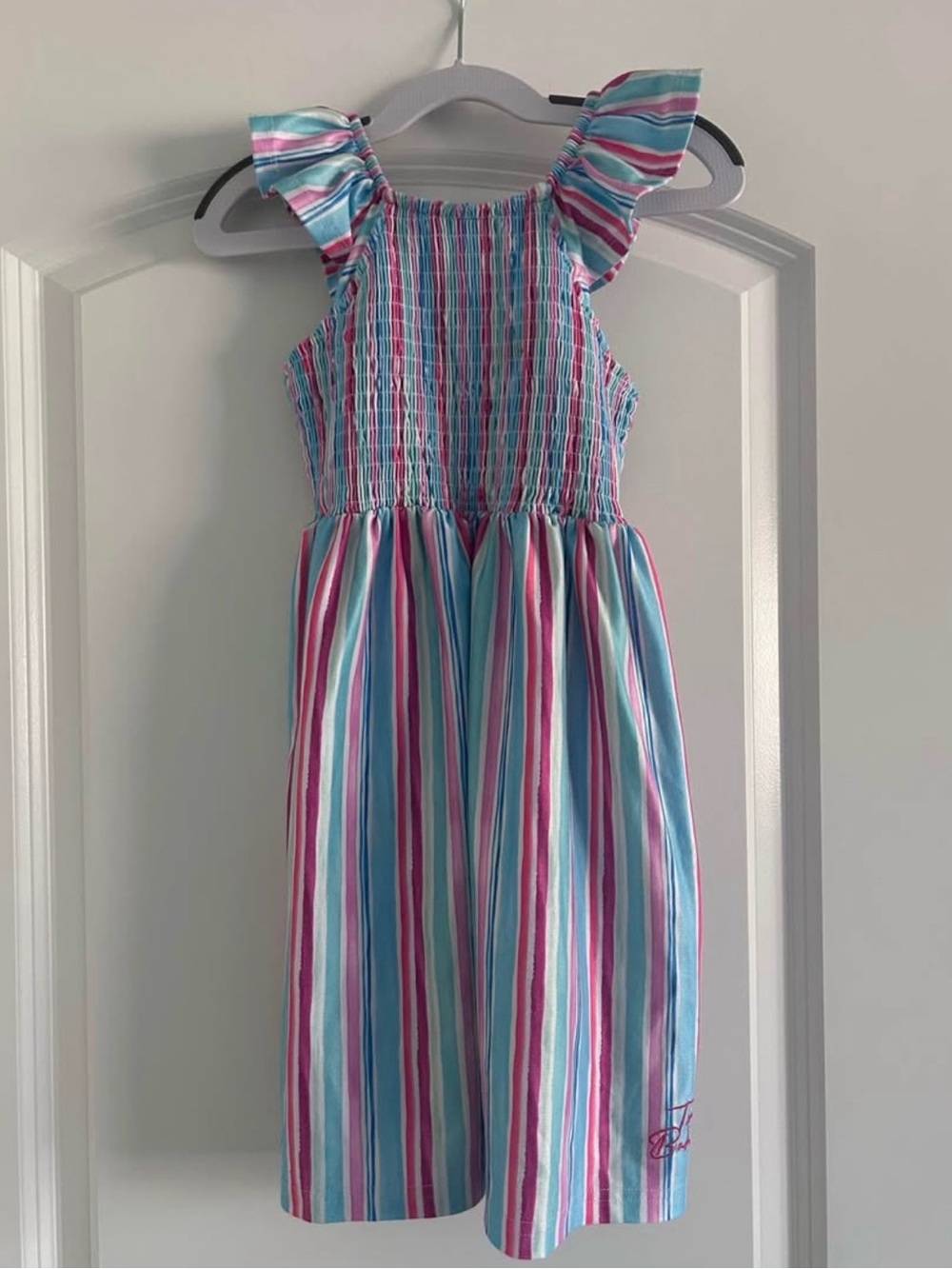 Tommy Bahama Blue, Pink & White Striped Sundress with Ruffle Straps